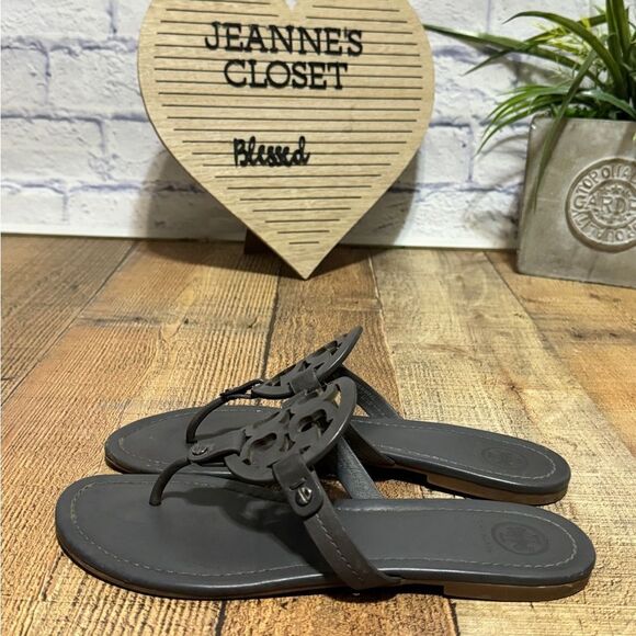 Tory Burch Miller Sandals Leather Dark Gray Matte Flip Flop Size 9 - Picture 9 of 11